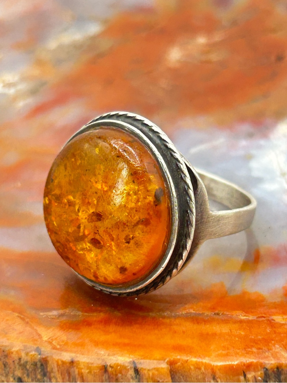 Vintage Sterling Silver Amber Ring - Size 7.25